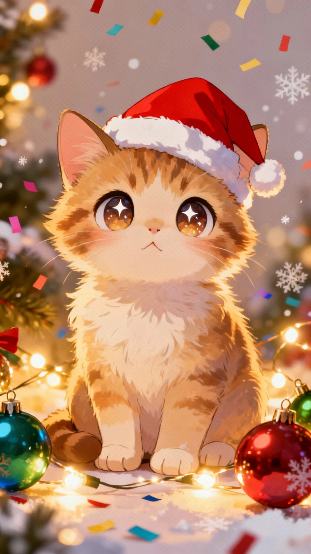 A cute kitten with a Santa hat and ornaments